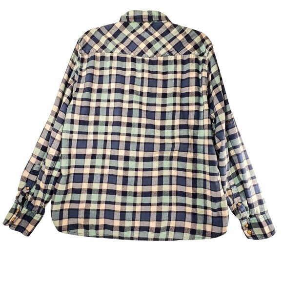 Bea Jachs Girlfriend Blue Gray Plaid Flannel Shirt Pearl Snap Buttons Western XL - Picture 2 of 13
